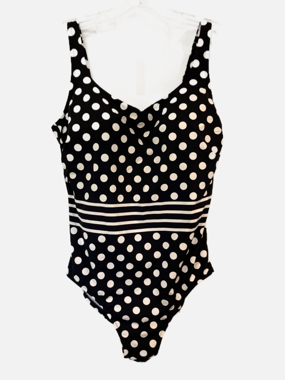 Lands' End Women’s Black White Polka Dot One-Piece Swimsuit with Striped Trim 12